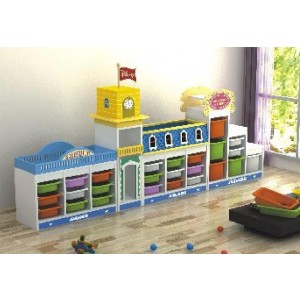 Wooden Shelves With colorful Plastic Drawers